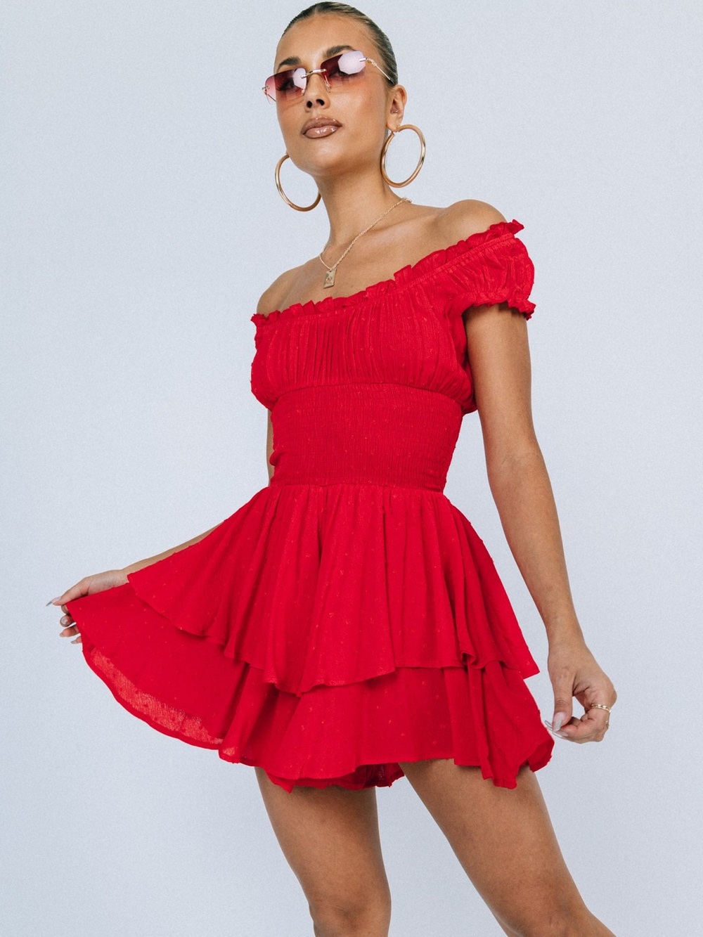 Princess Polly Love Galore Red Swiss Dot Smocked Romper Size 12